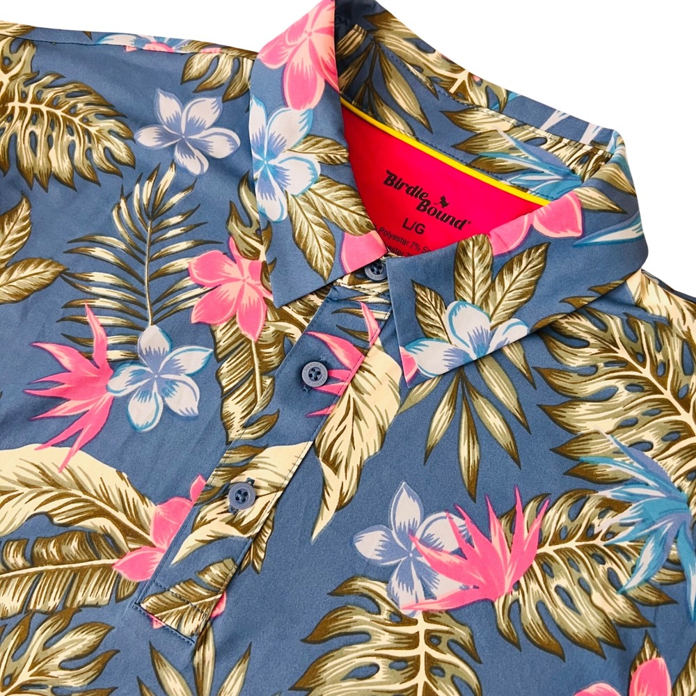 Birdie Bound Men's Large Tropical Floral Performance Golf Polo Blue Pink Stretch